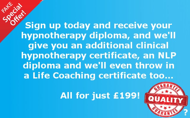 Hypnotherapy training course image of a fake special offer with a blue background and white font