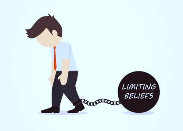 Resilience is hampered by negative limiting beliefs as shown by a man dragging a ball and chain with the text limiting beliefs