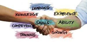 Work-life balance business model word cloud of learning knowledge experience skills ability competence training growth and shaking hands