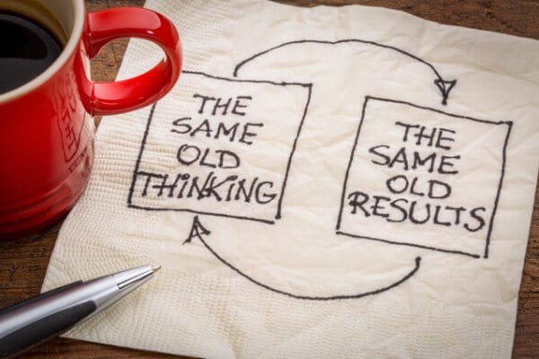 social anxiety and shyness - image of a napkin and red mug. Napkin says same old thinking leads to same old results